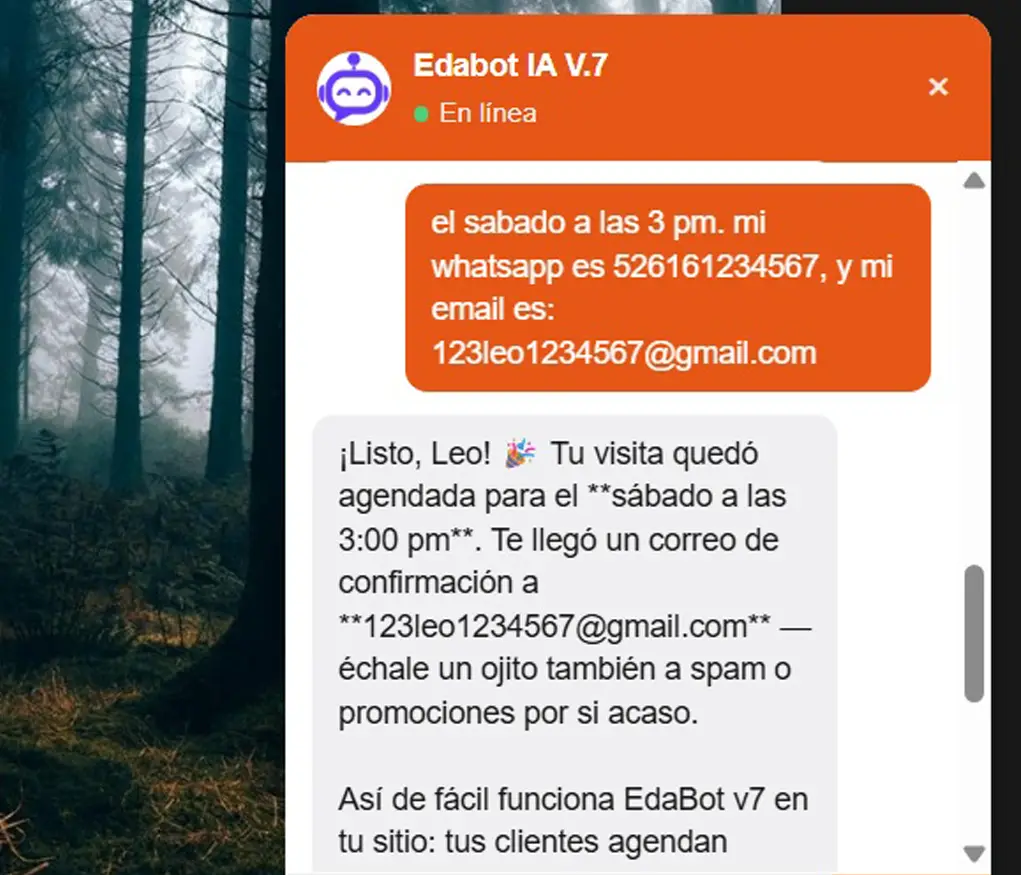 EdaBot v7 confirmando una cita agendada con fecha, hora y correo de confirmación