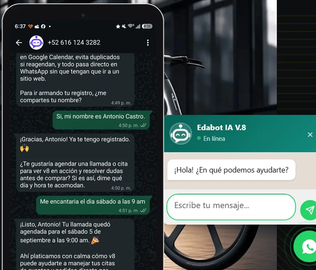 Conversación real de EdaBot v8 dentro de WhatsApp, confirmando una cita agendada